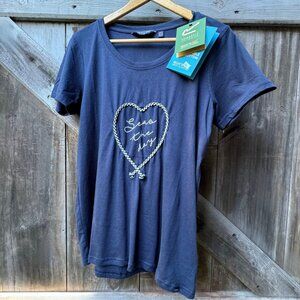 NWT.Seas the Day Graphic Tee Rope Heart Scoop Neck Navy Blue Women's Large NWT